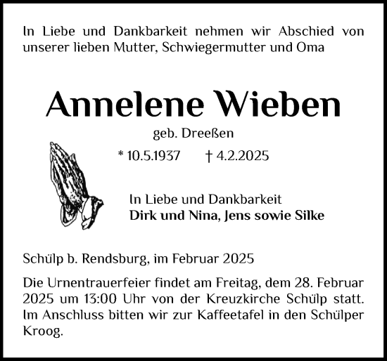 Traueranzeige von Annelene Wieben von Schleswig-Holsteinische Landeszeitung