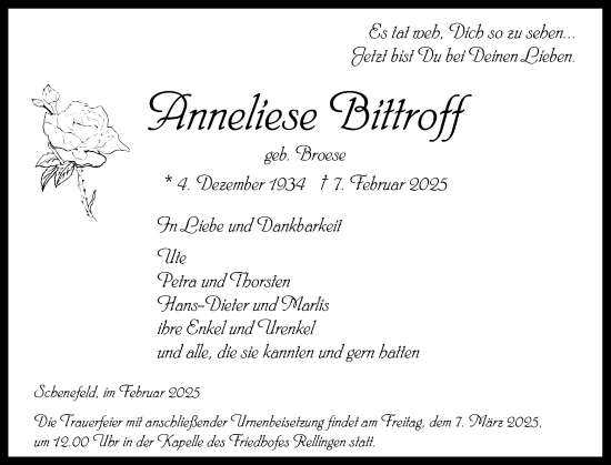 Traueranzeige von Anneliese Bittroff von Region Pinneberg und tip Pinneberg