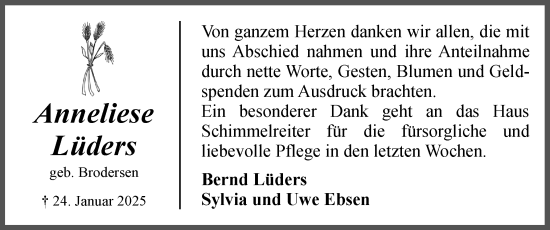 Traueranzeige von Anneliese Lüders von Husumer Nachrichten, Nordfriesland Tageblatt