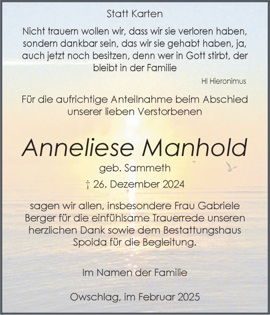 Traueranzeige von Anneliese Manhold von Schleswig-Holsteinische Landeszeitung