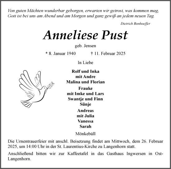 Traueranzeige von Anneliese Pust von Husumer Nachrichten, Nordfriesland Tageblatt