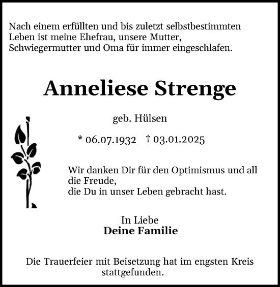 Traueranzeige von Anneliese Strenge von Holsteinischer Courier
