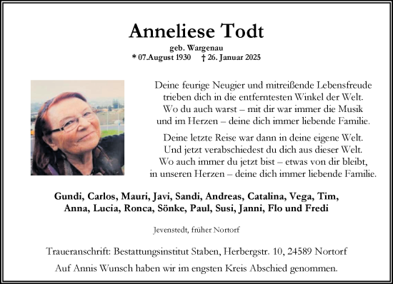Traueranzeige von Anneliese Todt von Holsteinischer Courier
