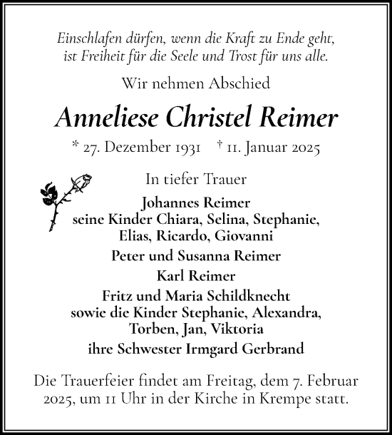 Traueranzeige von Anneliese Christel Reimer von Norddeutsche Rundschau, Wilstersche Zeitung, Glückstädter Fortuna