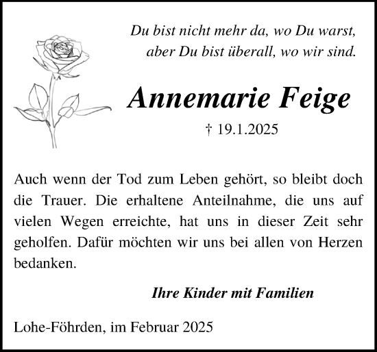 Traueranzeige von Annemarie Feige von Schleswig-Holsteinische Landeszeitung