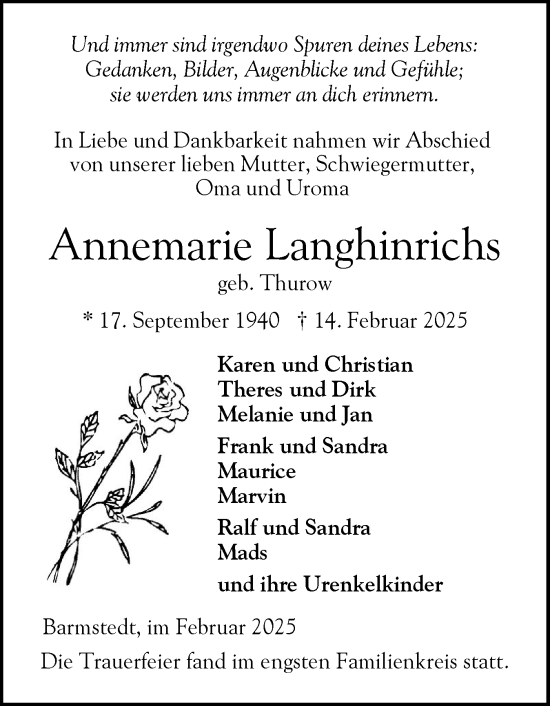 Traueranzeige von Annemarie Langhinrichs von Elmshorner Nachrichten, Barmstedter Zeitung