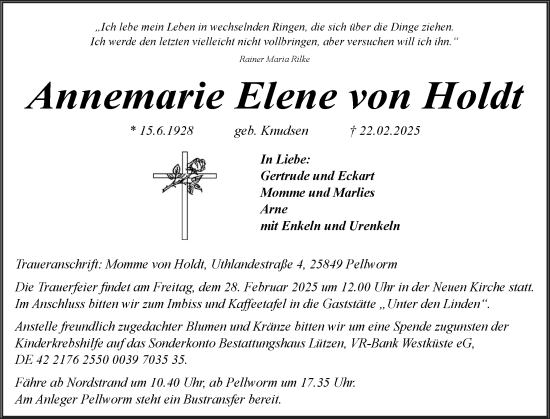 Traueranzeige von Annemarie Elene von Holdt von Husumer Nachrichten, Nordfriesland Tageblatt