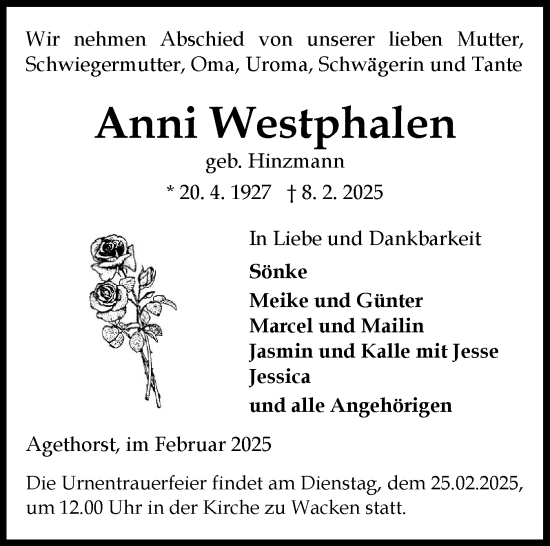 Traueranzeige von Anni Westphalen von Norddeutsche Rundschau, Wilstersche Zeitung, Glückstädter Fortuna