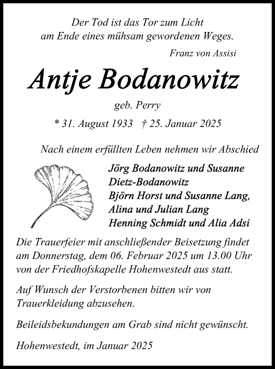 Traueranzeige von Antje Bodanowitz von Schleswig-Holsteinische Landeszeitung