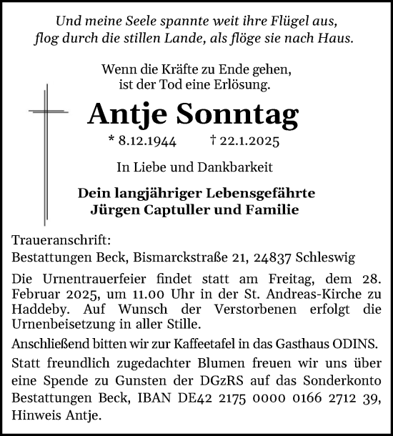 Traueranzeige von Antje Sonntag von Schleswiger Nachrichten, Schlei-Bote