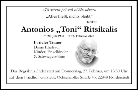 Traueranzeige von Antonios Ritsikalis von Heimatspiegel