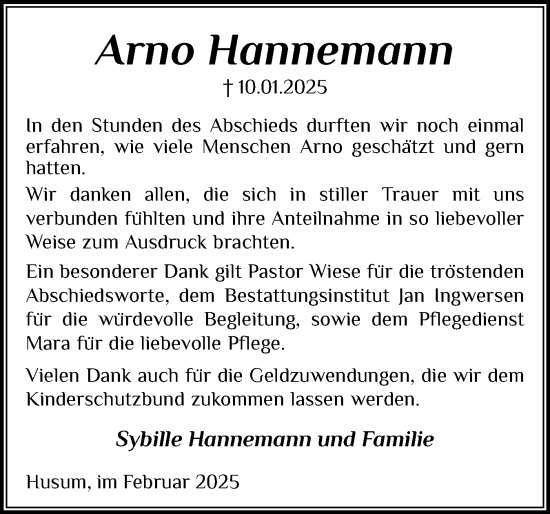 Traueranzeige von Arno Hannemann von Husumer Nachrichten, Nordfriesland Tageblatt