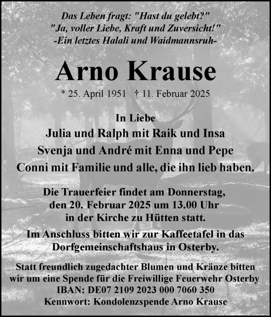 Traueranzeige von Arno Krause von Eckernförder Zeitung