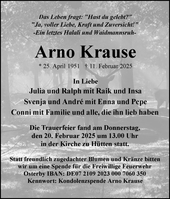 Traueranzeige von Arno Krause von Hallo Eckernförde