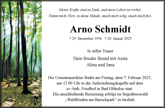 Traueranzeige von Arno Schmidt von MARKT Bad Oldesloe/Reinfeld und Stormarner Tageblatt