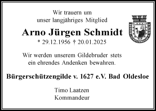 Traueranzeige von Arno Jürgen Schmidt von MARKT Bad Oldesloe/Reinfeld und Stormarner Tageblatt