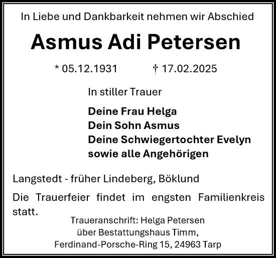 Traueranzeige von Asmus Adi Petersen von Flensburger Tageblatt, Schleswiger Nachrichten, Schlei-Bote
