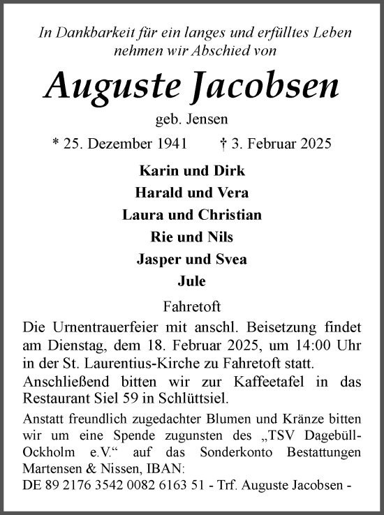 Traueranzeige von Auguste Jacobsen von Husumer Nachrichten, Nordfriesland Tageblatt