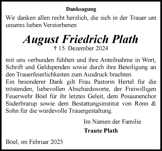 Traueranzeige von August Friedrich Plath von Schleswiger Nachrichten, Schlei-Bote