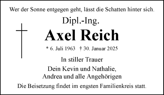 Traueranzeige von Axel Reich von Eckernförder Zeitung, Hallo Eckernförde