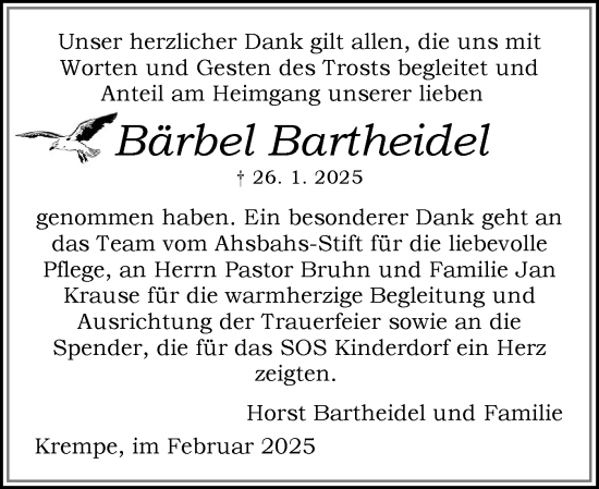 Traueranzeige von Bärbel Bartheidel von Norddeutsche Rundschau, Wilstersche Zeitung, Glückstädter Fortuna