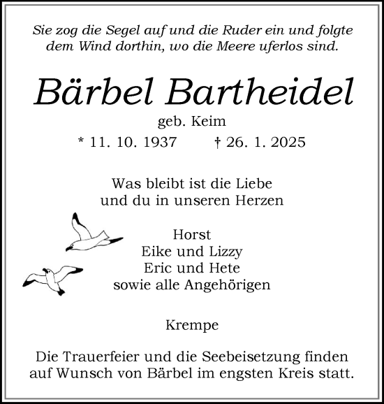 Traueranzeige von Bärbel Bartheidel von Norddeutsche Rundschau, Wilstersche Zeitung, Glückstädter Fortuna