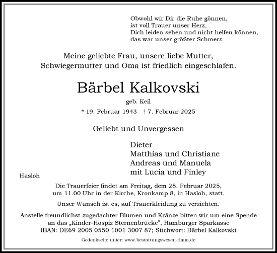 Traueranzeige von Bärbel Kalkovski von Region Pinneberg und tip Pinneberg