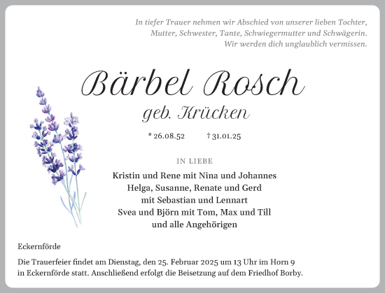 Traueranzeige von Bärbel Rosch von Eckernförder Zeitung, Hallo Eckernförde