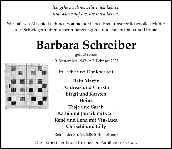 Traueranzeige von Barbara Schreiber von MARKT Bad Oldesloe/Reinfeld und Stormarner Tageblatt