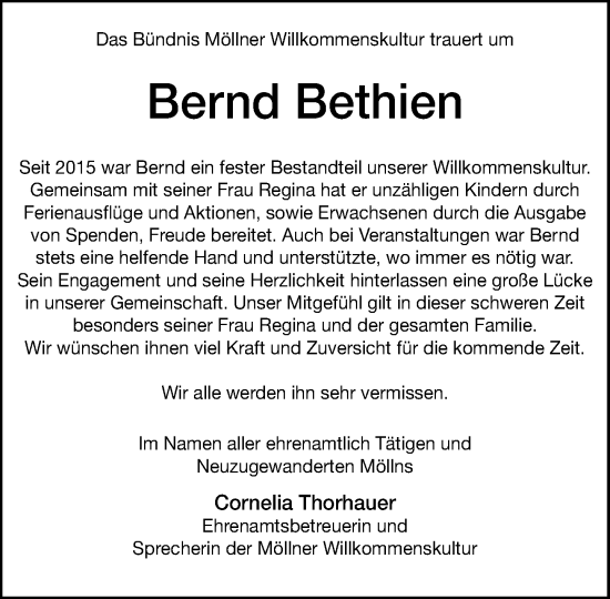 Traueranzeige von Bernd Bethien von MARKT Ratzeburg/Mölln