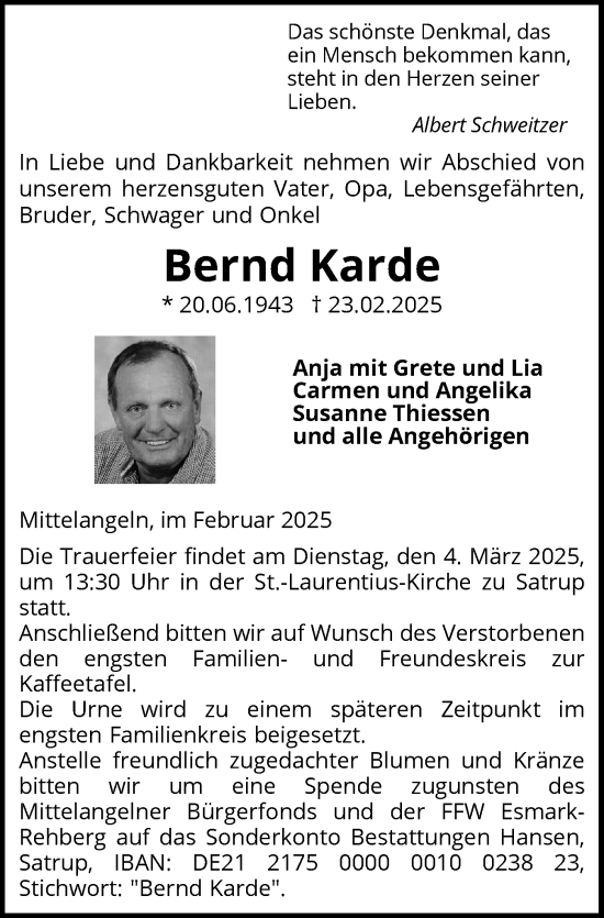 Traueranzeige von Bernd Karde von Flensburger Tageblatt, Schleswiger Nachrichten, Schlei-Bote