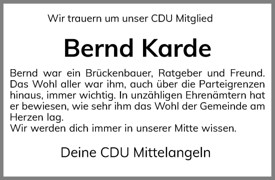 Traueranzeige von Bernd Karde von Flensburger Tageblatt