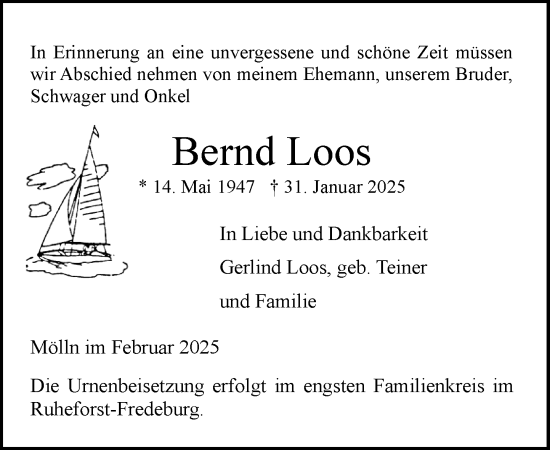 Traueranzeige von Bernd Loos von MARKT Ratzeburg/Mölln