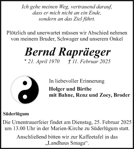 Traueranzeige von Bernd Rapräeger von Husumer Nachrichten, Nordfriesland Tageblatt