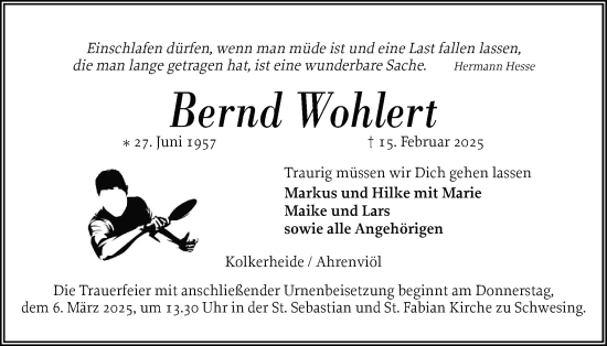 Traueranzeige von Bernd Wohlert von Husumer Nachrichten, Nordfriesland Tageblatt