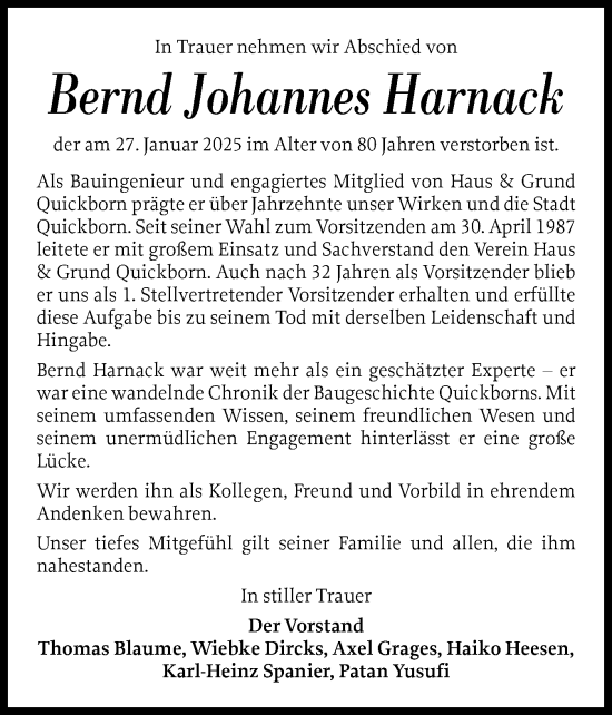 Traueranzeige von Bernd Johannes Harnack von Region Pinneberg und tip Pinneberg