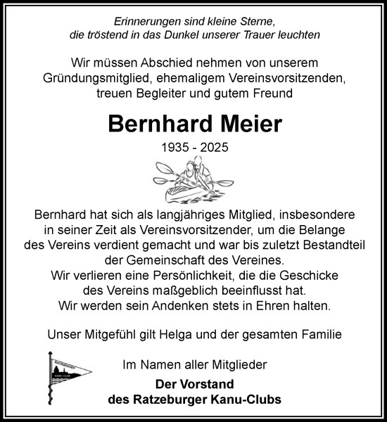 Traueranzeige von Bernhard Meier von MARKT Ratzeburg/Mölln