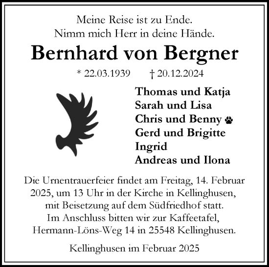 Traueranzeige von Bernhard von Bergner von Norddeutsche Rundschau, Wilstersche Zeitung, Glückstädter Fortuna