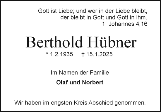 Traueranzeige von Berthold Hübner von Holsteinischer Courier