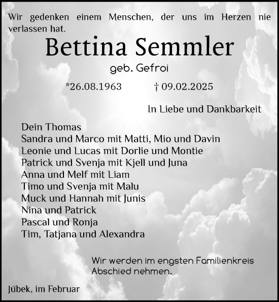 Traueranzeige von Bettina Semmler von Schleswiger Nachrichten, Schlei-Bote