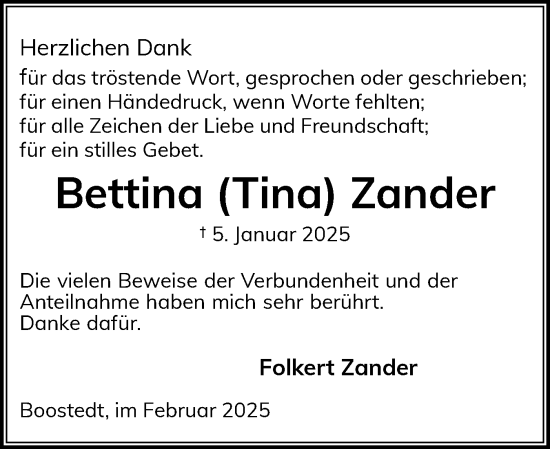 Traueranzeige von Bettina Zander von Holsteinischer Courier