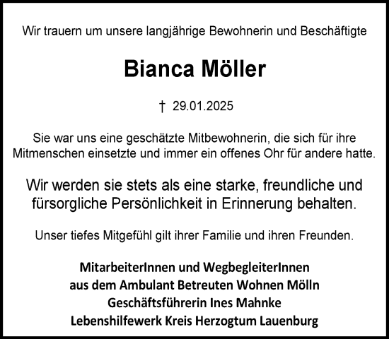 Traueranzeige von Bianca Möller von MARKT Ratzeburg/Mölln