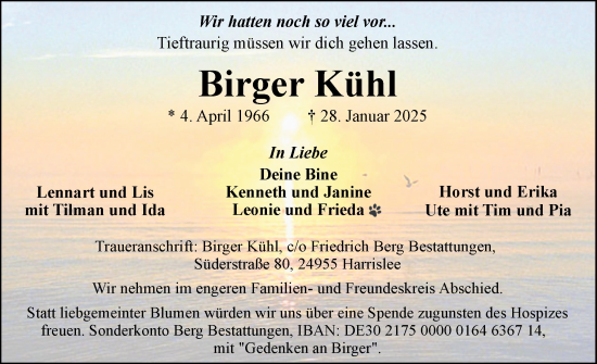Traueranzeige von Birger Kühl von Flensburger Tageblatt