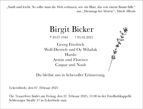 Traueranzeige von Birgit Bicker von Eckernförder Zeitung, Hallo Eckernförde