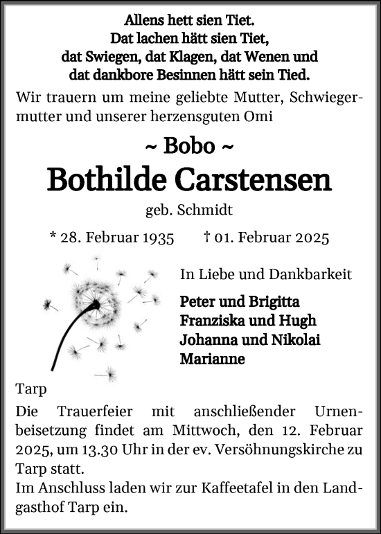 Traueranzeige von Bothilde Carstensen von Flensburger Tageblatt