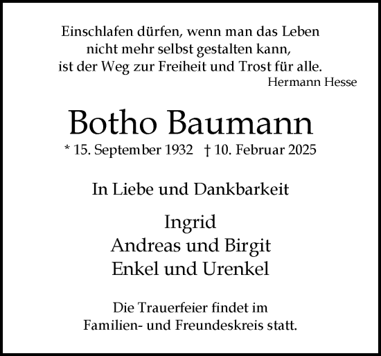 Traueranzeige von Botho Baumann von Region Pinneberg und tip Pinneberg