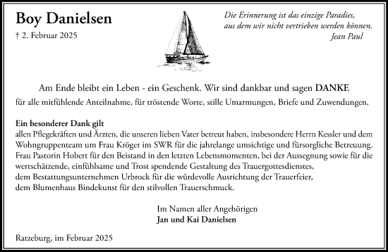 Traueranzeige von Boy Danielsen von MARKT Ratzeburg/Mölln