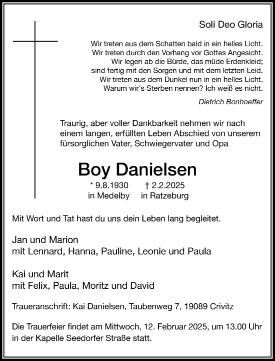 Traueranzeige von Boy Danielsen von MARKT Ratzeburg/Mölln