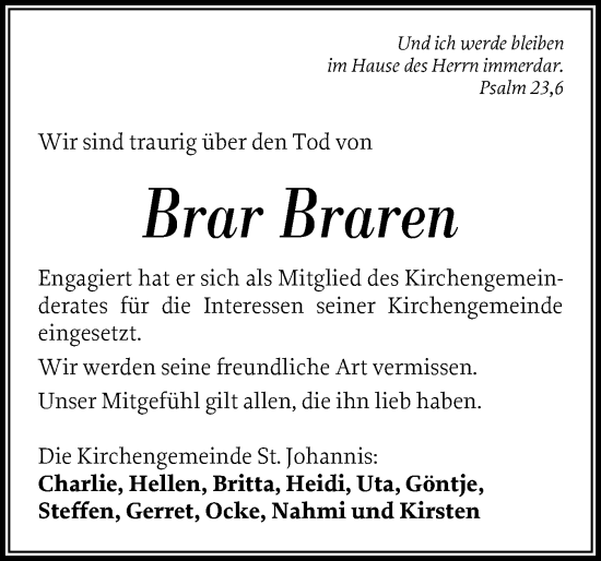 Traueranzeige von Brar Braren von Der Insel-Bote