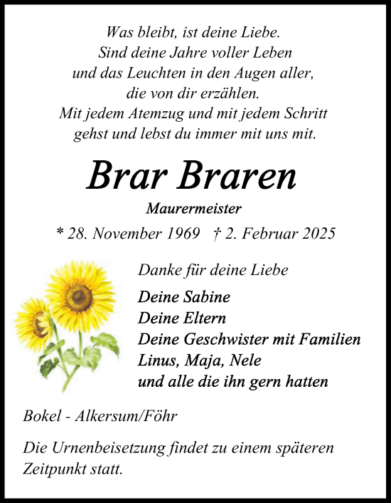 Traueranzeige von Brar Braren von Der Insel-Bote